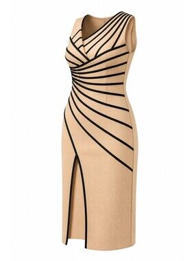 Bella Barnett Beige and Black One-Shoulder Midi Dress Size S